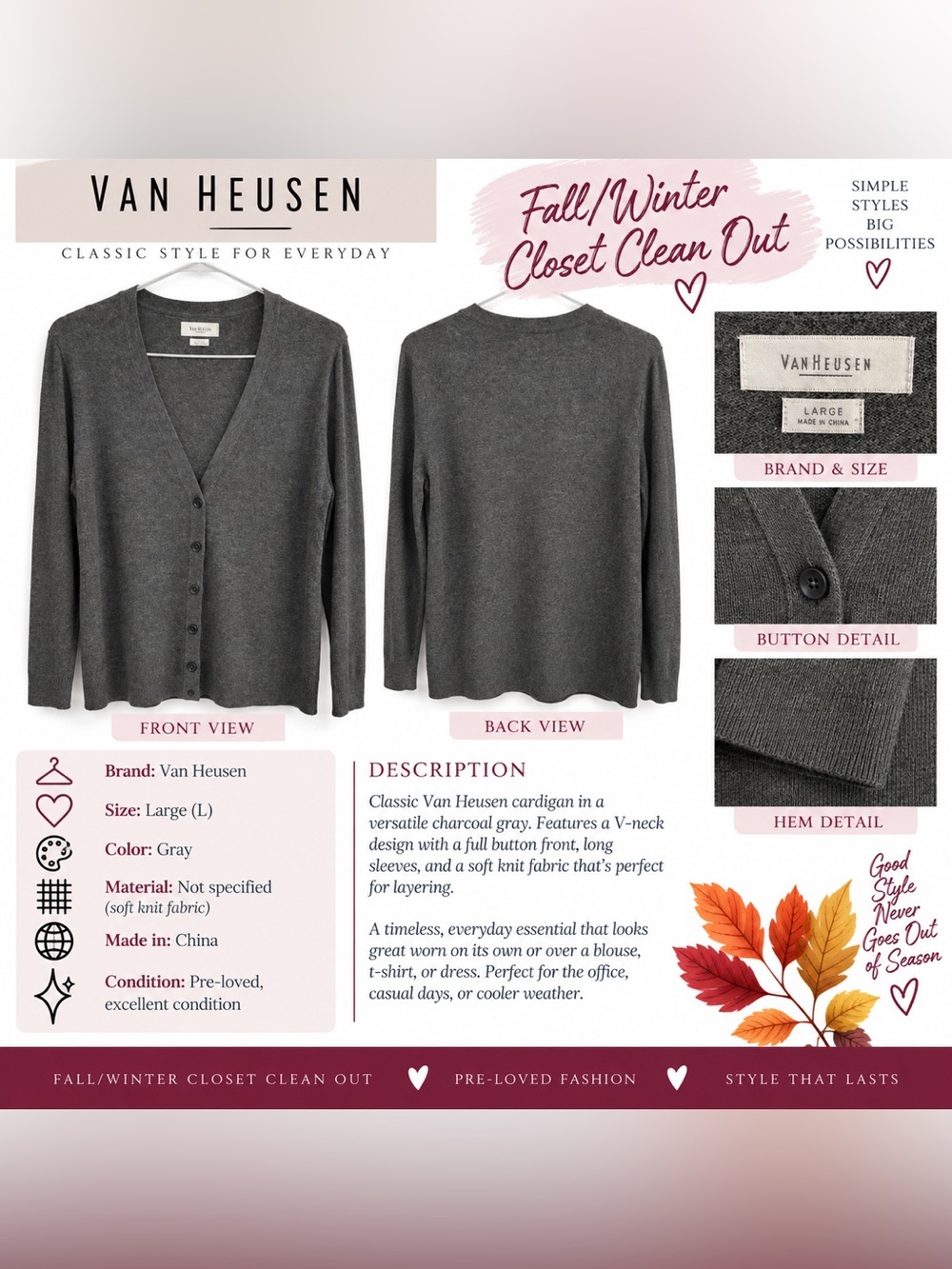 Van Heusen Women's Charcoal Gray V‑Neck Button Cardigan